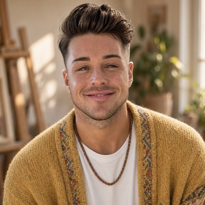 Brett San Antonio, smiling, in a mustard knit cardigan